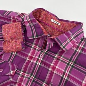 Bugatchi Shaped Fit Shirt Mens Large Flipped Cuff‎ Purple Plaid Long Sleeve
